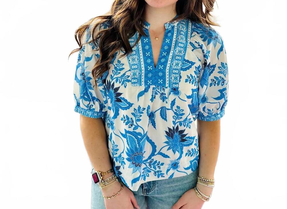 NEW JOY JOY dutch meadow front yoke top in blue and white